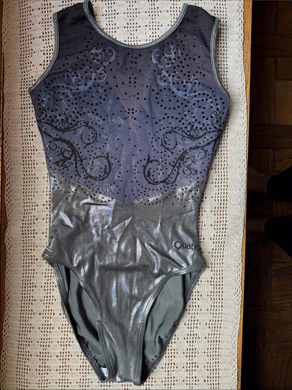 Girls' Metallic Silver & Charcoal Sparkle Gymnastics Leotard by